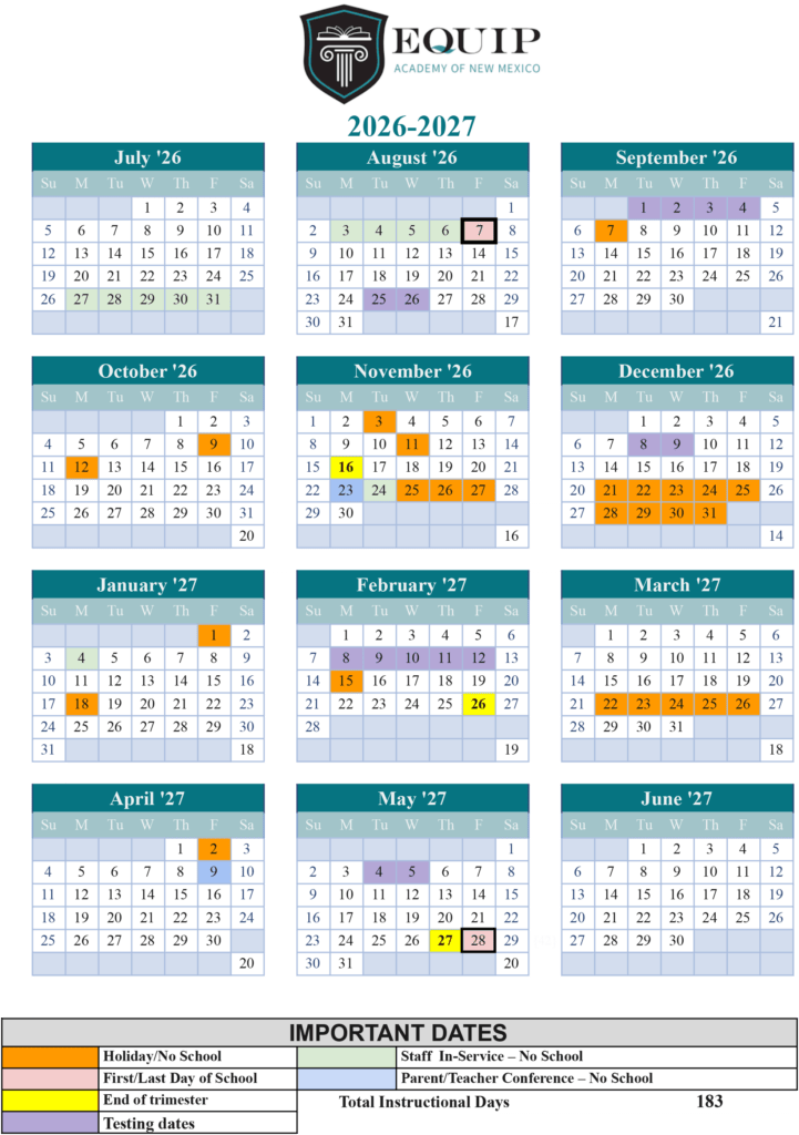 Equip Academy of New Mexico 2026-2027 school calendar